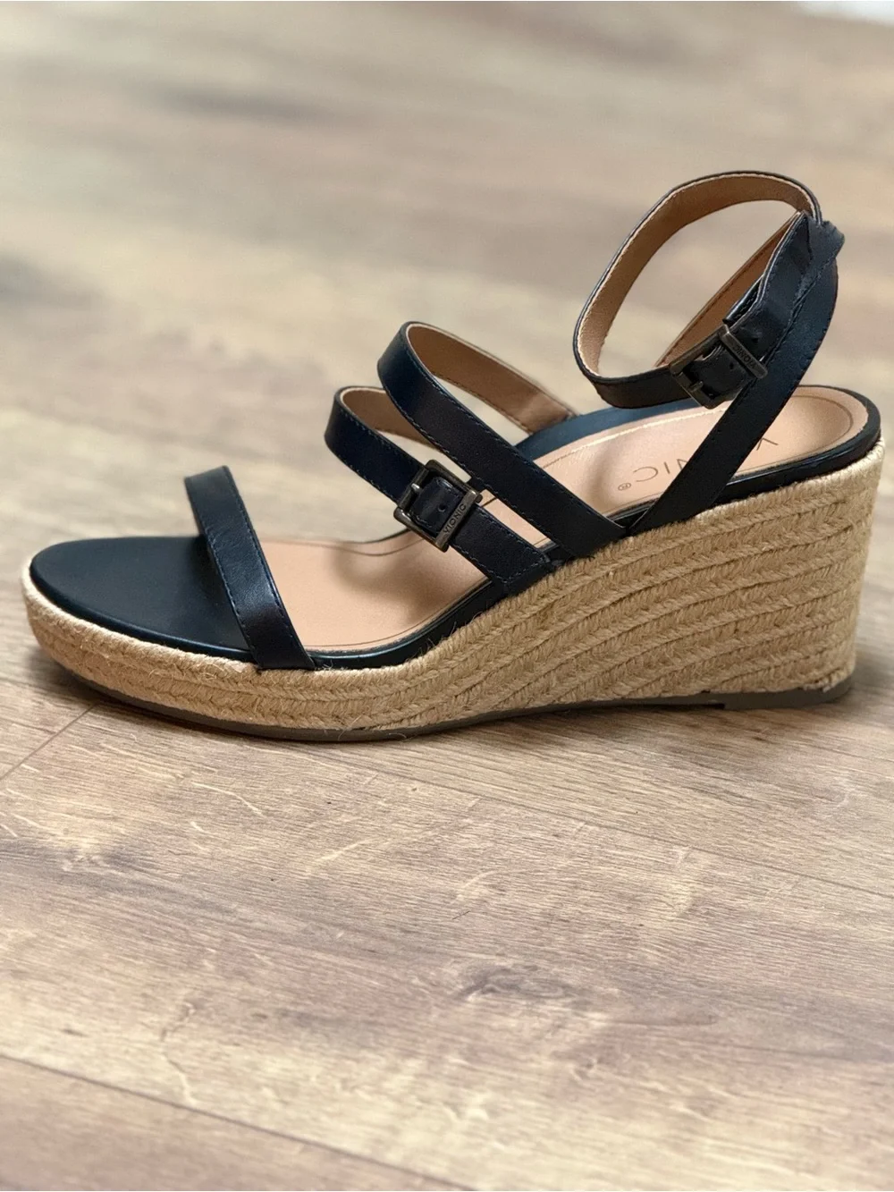 Vionic Sabina Size 10 Black Leather Espadrille Wedge Sandals Strappy Comfort New